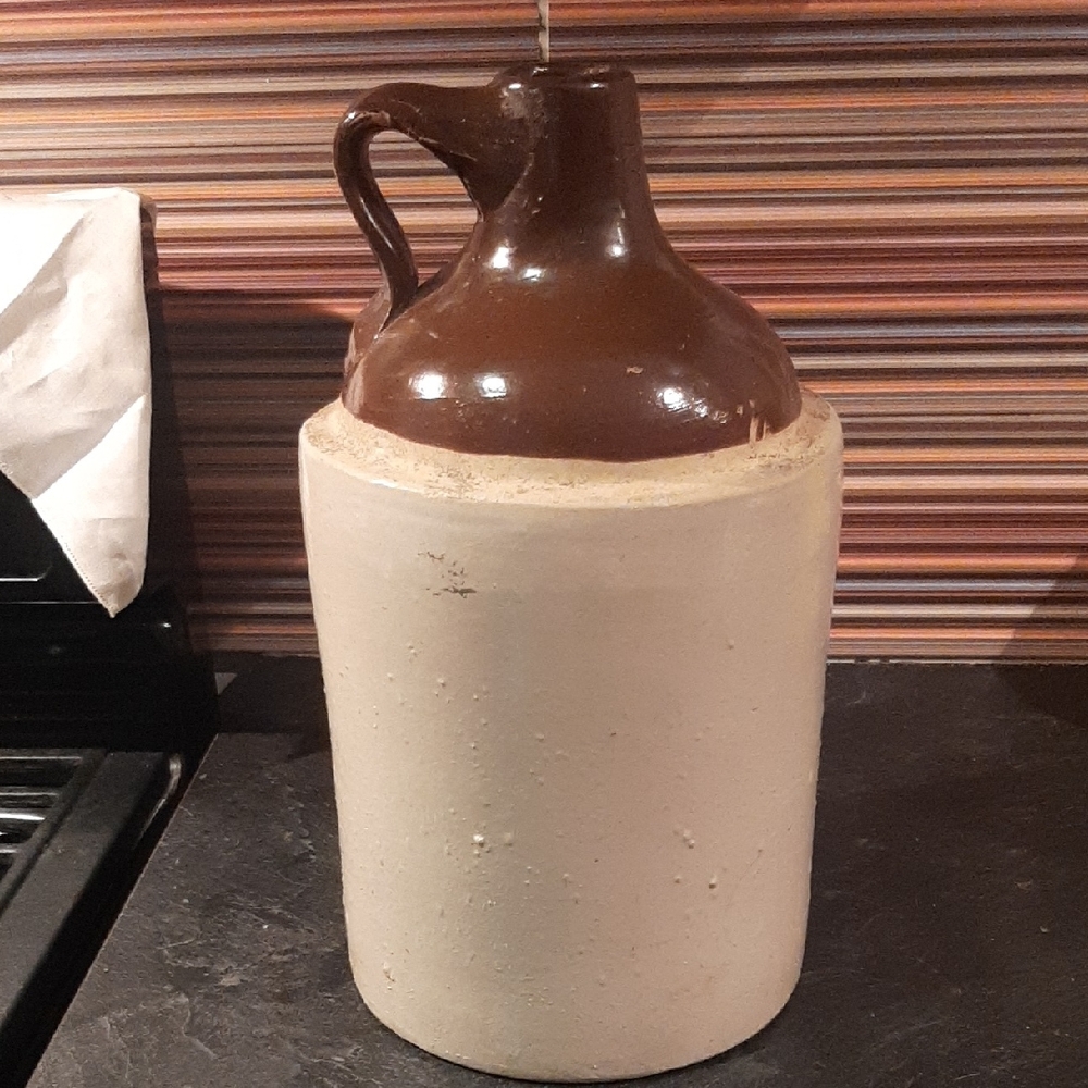 ANTIQUE🍺Whiskey/Moonshine STONEWARE Brown & Cream Jug SALT GLAZED